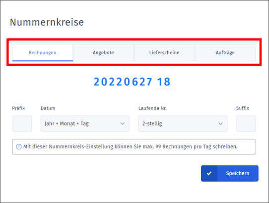 Gezeigt wird die Auswahl der Vorgangsart beim Festlegen der Nummernkreise