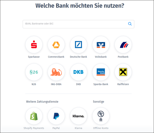 Gezeigt wird die Auswahlmöglichkeit zum Anlegen eines neuen Online- oder Offline-Bankkontos