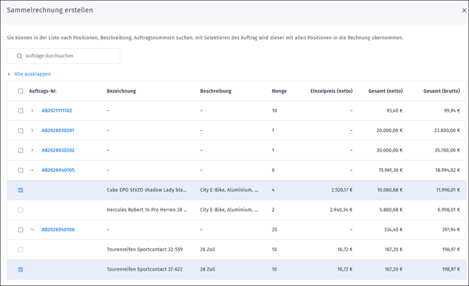 Gezeigt wird, wie die gewünschten Positionen der offenen Aufträge markiert werden können.