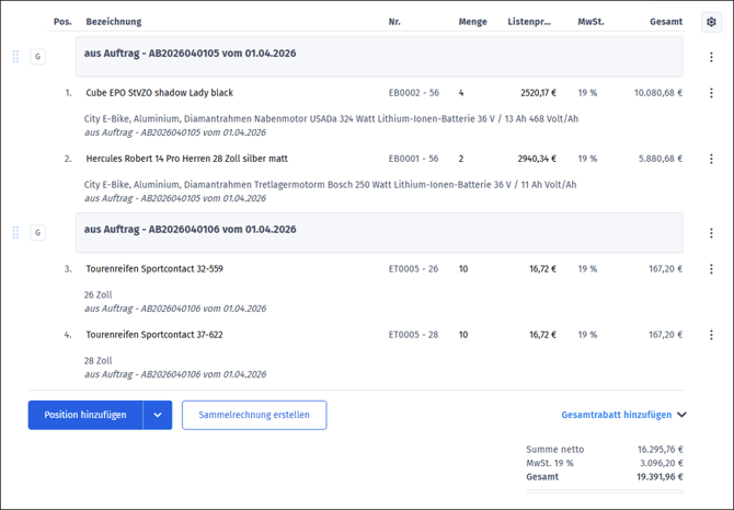 Gezeigt wird, wie die übernommenen Artikelpositionen in der Rechnung angezeigt werden.