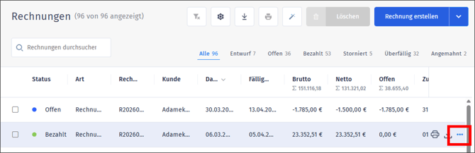 Gezeigt wird, wo sich das sogenannte Drei-Punkte-Menü in der Rechnungsliste befindet.
