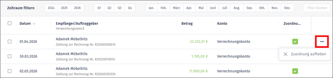 Gezeigt wird, wie die Zuordnung einer Zahlung aus dem Bankkonto aufgehoben werden kann.