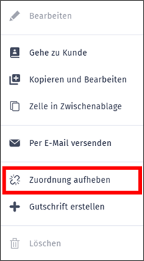 Gezeigt wird das sogenannte Drei-Punkte-Menü mit der Auswahl die Zahlungszuordnung aufzuheben