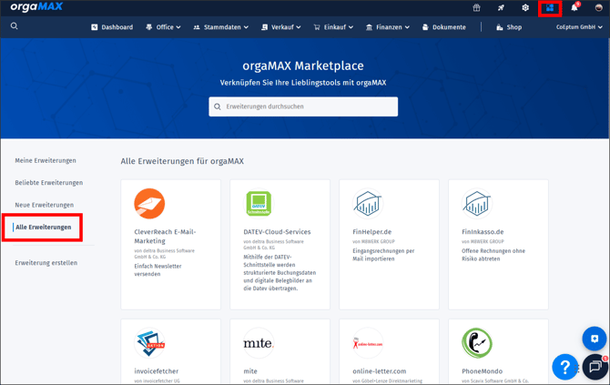 Gezeigt wird die Übersicht der Erweiterungen, die für orgaMAX verfügbar sind