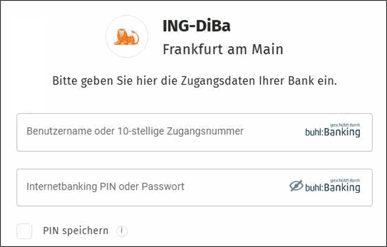 Gezeigt wird die Eingabemaske für die Zugangsdaten zum Anbinden eines Kontos der ING DiBa