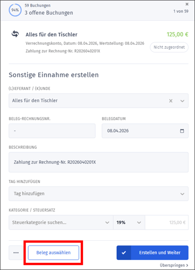 Gezeigt wird, wo in orgaMAX bei einer Zahlung die Zuordnung der Belege gestartet werden kann