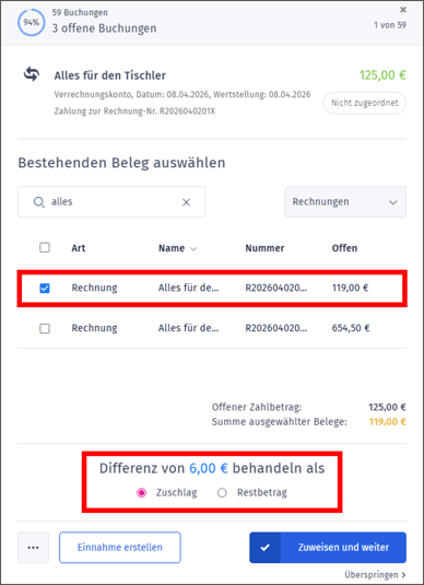 Gezeigt wird, wie ein Beleg einer Zahlung zugeordnet werden kann unter Berücksichtigung von Überzahlung oder Mahngebühren
