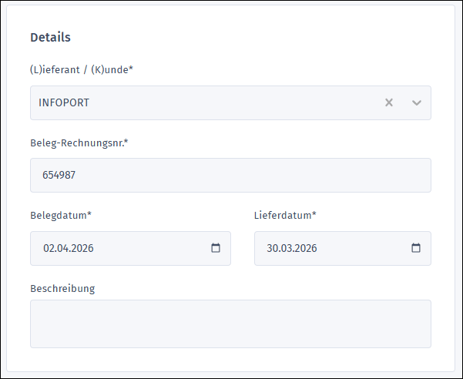 Gezeigt wird, wie in einer Eingangsrechnung die allgemeinen Rechnungsdaten erfasst werden