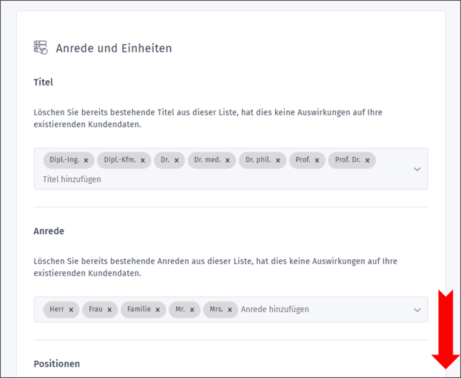 Gezeigt wird der Einstellungsbereich für Anreden, Einheiten, usw.