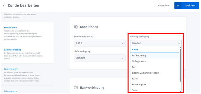 Gezeigt wird die Auswahlmöglichkeit der Zahlungsbedingungen in den Kundeneinstellungen