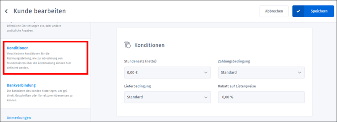 Gezeigt wird in der Kundenbearbeitung der Abschnitt zum Festlegen der Konditionen und der Liefer- und Zahlungsbedingungen