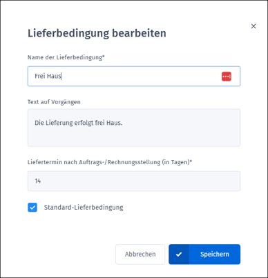 Gezeigt wird die Eingabemaske für neue Lieferbedingungen