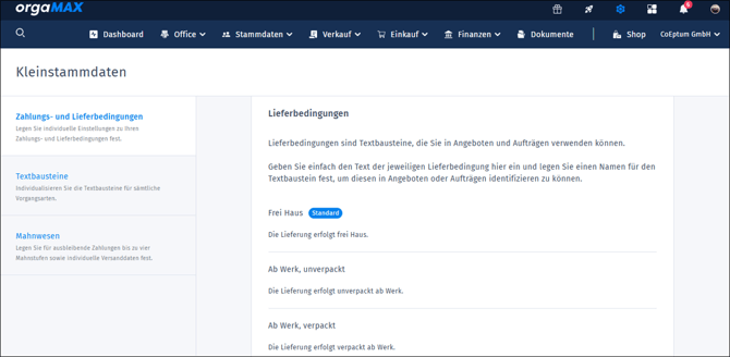 Gezeigt wird die Übersicht der Lieferbedingungen in den Kleinstammdaten