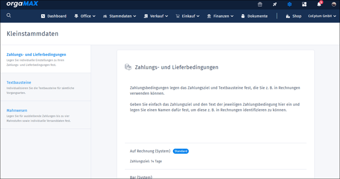 Gezeigt wird die Übersicht der Zahlungsbedingungen in den Kleinstammdaten.