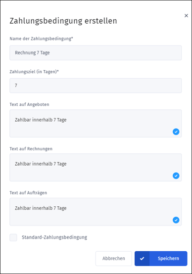 Gezeigt wird die Maske, mit der eine neue Zahlungsbedingung erstellt werden kann