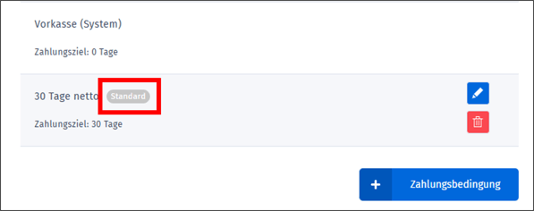 Gezeigt wird, wie eine Zahlungsbedingung als Standard eingestellt werden kann