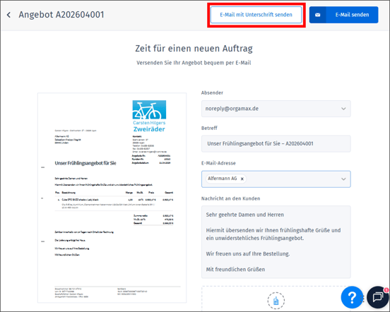 Gezeigt wird, wie ein Angebot zur Unterschrift an den Kunden gesendet werden kann.