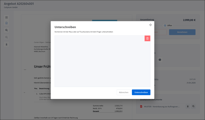 Gezeigt wird, wie der Kunde ein Angebot bei Annahme online unterschreiben kann