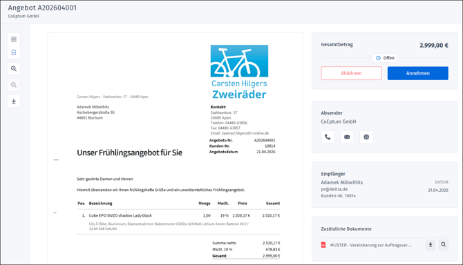 Gezeigt wird, wie ein Kunde sich ein Angebot online in shareHUB ansehen und dieses auch annehmen kann