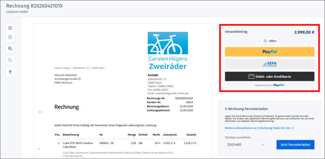 Gezeigt wird die Kundensicht auf eine Rechnung mit der Option zu zahlen