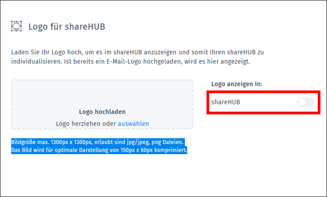 Gezeigt wird der Bereich, in dem das Logo für shareHUB festgelegt werden kann