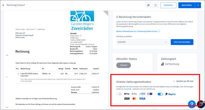 Gezeigt wird, wo die Online-Zahlung per shareHUB in einer Rechnung aktiviert werden kann