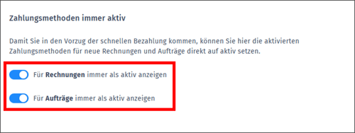 Gezeigt wird, wie die Zahlungsmethoden für die Zahlungsanbieter für Aufträge und Rechnungen aktiviert werden können