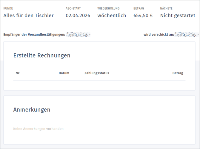 Gezeigt wird, wie die Abo-Rechnung nach dem Anlegen im Entwurfsstatus aussieht