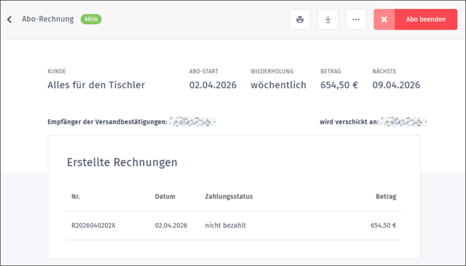 Gezeigt wird, wie ein laufendes Abo aussieht
