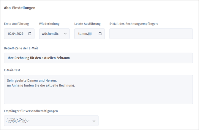 Gezeigt wird, wo in den Abo-Einstellungen Vorgaben für den Mail-Versand der Rechnungen festgelegt werden können