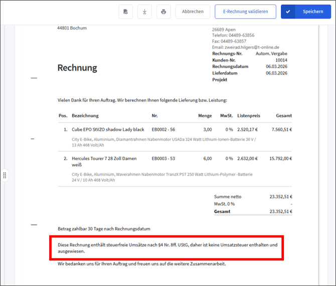Abweichende Erlöskonten - Zusatztext auf Rechnung
