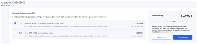 Gezeigt wird, wie Kunden eine Alternativposition wählen können