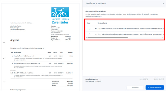 Gezeigt wird, wie alternative Positionen weiterverarbeitet werden können.