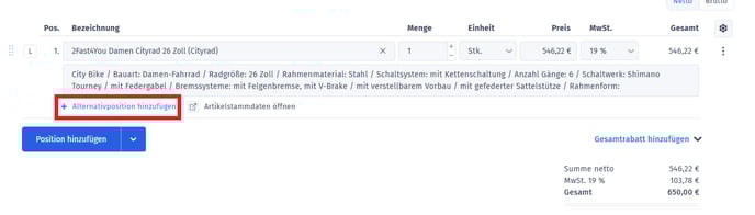Alternativposition hinzufügen