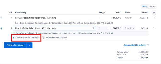 Gezeigt wird, wie in einem Angebot eine Alternativposition eingefügt werden kann