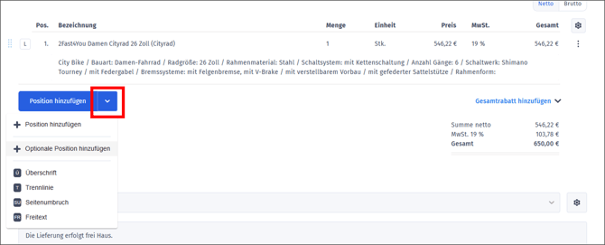 Gezeigt wird die Auswahlmöglichkeit der Positionsarten in einem orgaMAX Angebot