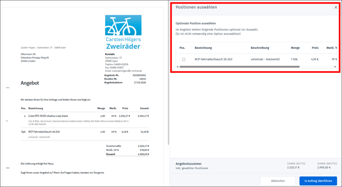 Gezeigt wird, wie optionale Positionen in einen Auftrag oder eine Rechnung übernommen werden können.