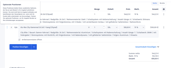 Positionsnummer wird mit „Opt.“ markiert