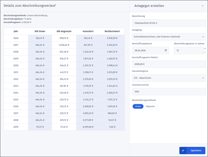 Anlagegüter - Anlegen eines Anlagegutes