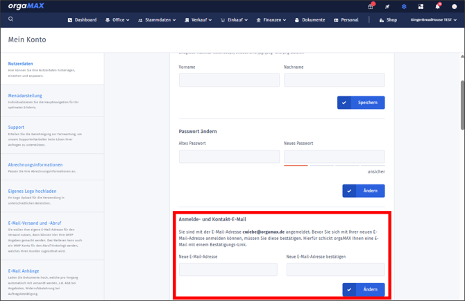 Gezeigt wird die Änderung der E-Mail-Adresse über die Kontoverwaltung