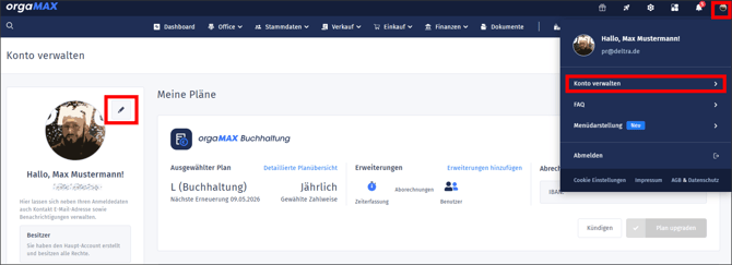 Gezeigt wird der alternative Weg über das UserIcon zur Kontoverwaltung