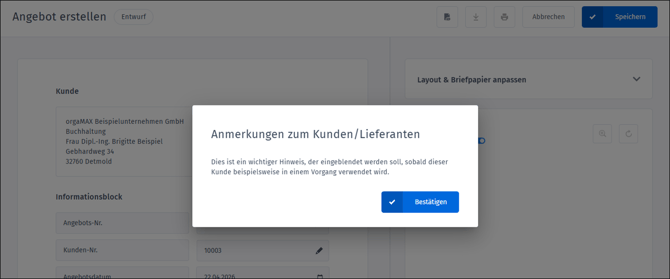 Gezeigt wird die aktive Benachrichtigung durch die aktivierte Kundenanmerkung