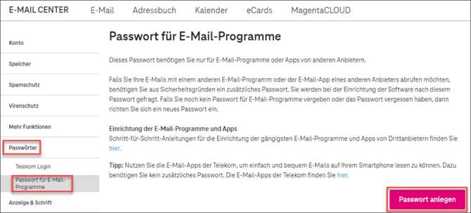 E-Mail-Provider einrichten - Telekom Passwort vergeben