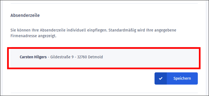 Gezeigt wird der Bearbeitungsbereich für die Absenderzeile in orgaMAX