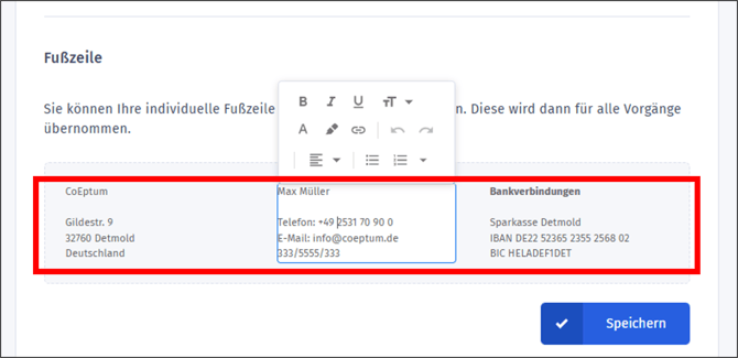 Gezeigt wird der Bearbeitungsbereich für die Fußzeile in orgaMAX