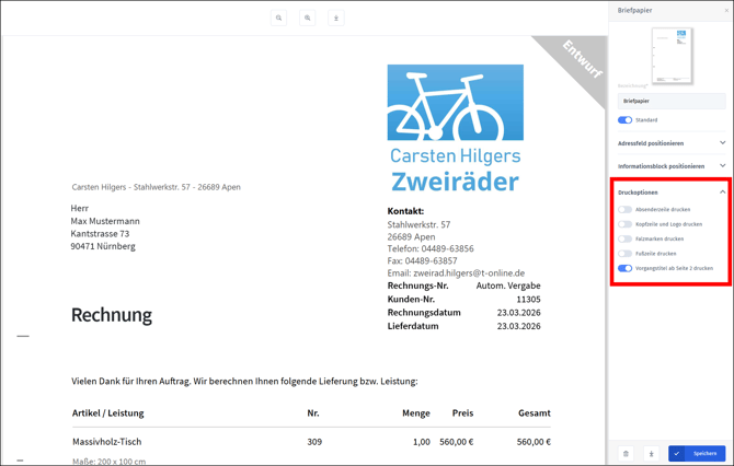 Briefpapier Druckoptionen