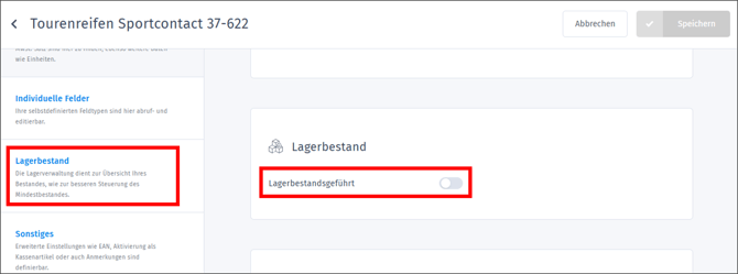 Gezeigt wird, wo die Lagerbestandsführung für einen Artikel aktiviert werden kann