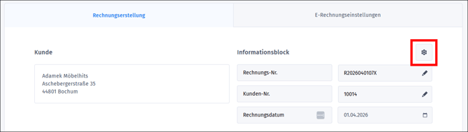 Gezeigt wird, wo in einer Rechnung der Informationsblock bearbeitet werden kann