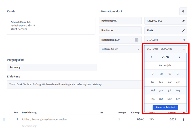 Gezeigt werden die verschiedenen Möglichkeiten, ein Leistungsdatum oder einen Leistungszeitraum anzugeben