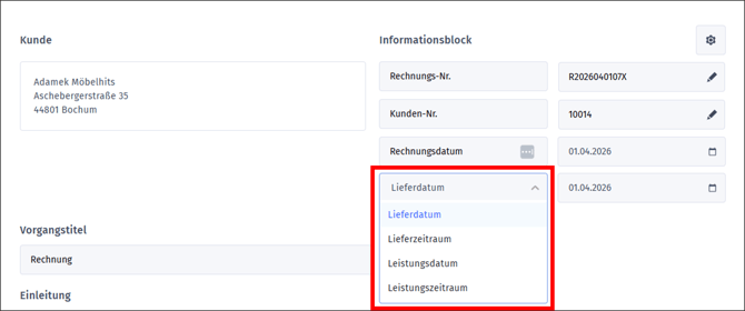 Gezeigt wird, wie das Feld Lieferdatum direkt in der Rechnung angepasst werden kann.